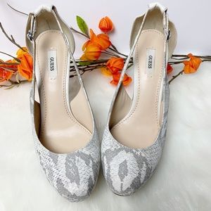 G by Guess silver & white snake skin platform pump